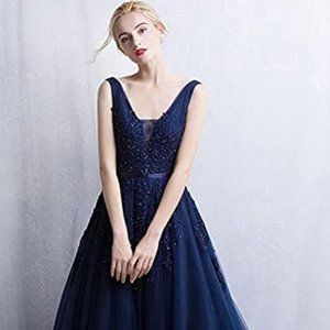 Babyonline Women's Double V-Neck Tulle Appliques Long Evening Cocktail Gown